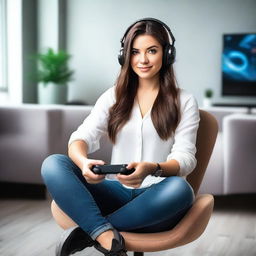 A brunette woman with a confident and attractive demeanor playing video games in a stylish room