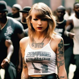 Taylor Swift portrayed as a street gangster from a ghetto, wearing hip hop clothes and covered in tattoos