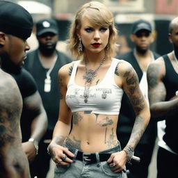 Taylor Swift portrayed as a street gangster from a ghetto, wearing hip hop clothes and covered in tattoos