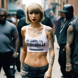 Taylor Swift portrayed as a street gangster from a ghetto, wearing hip hop clothes and covered in tattoos