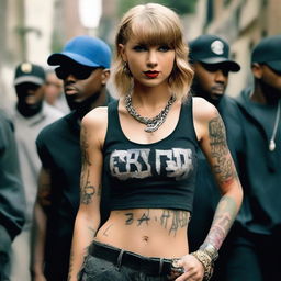 Taylor Swift portrayed as a street gangster from a ghetto, wearing hip hop clothes and covered in tattoos