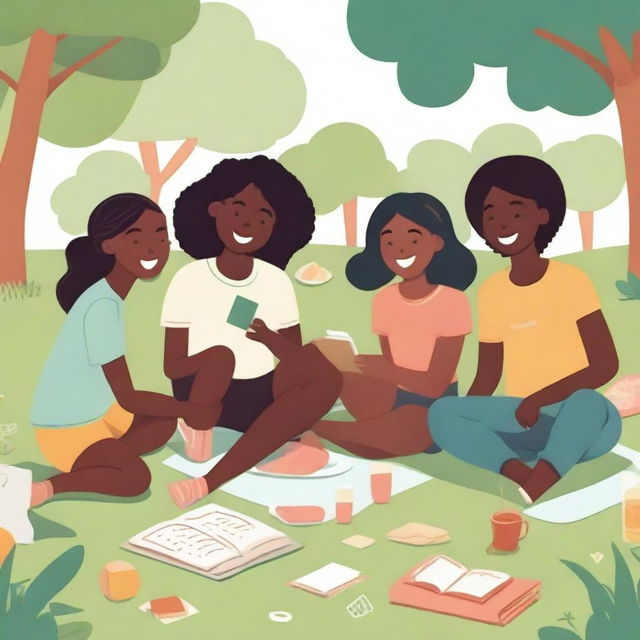 Create an illustration featuring a group of diverse girls enjoying various activities together