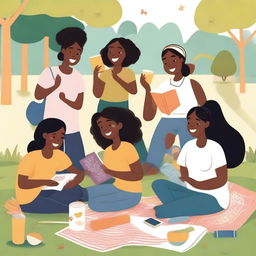 Create an illustration featuring a group of diverse girls enjoying various activities together