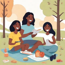 Create an illustration featuring a group of diverse girls enjoying various activities together