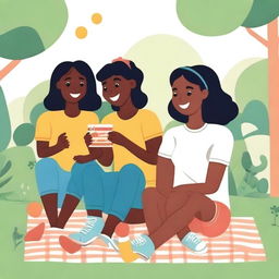 Create an illustration featuring a group of diverse girls enjoying various activities together