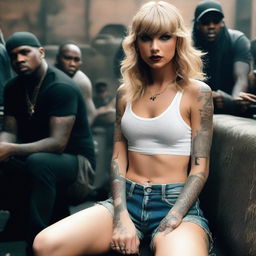 Taylor Swift portrayed as a street gangster from a ghetto, wearing hip hop clothes and covered in tattoos