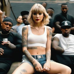 Taylor Swift portrayed as a street gangster from a ghetto, wearing hip hop clothes and covered in tattoos