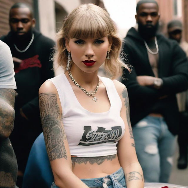 Taylor Swift portrayed as a street gangster from a ghetto, wearing hip hop clothes and covered in tattoos