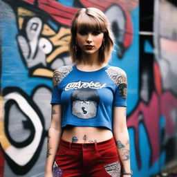 Taylor Swift depicted as the leader of a ghetto gang, wearing blue hip hop clothes and adorned with tattoos