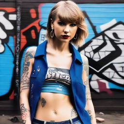 Taylor Swift depicted as the leader of a ghetto gang, wearing blue hip hop clothes and adorned with tattoos