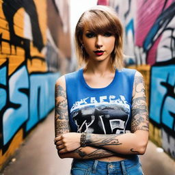 Taylor Swift depicted as the leader of a ghetto gang, wearing blue hip hop clothes and adorned with tattoos