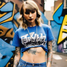 Taylor Swift depicted as the leader of a ghetto gang, wearing blue hip hop clothes and adorned with tattoos