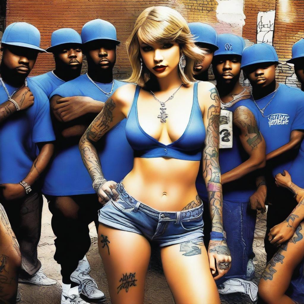 Taylor Swift depicted as the leader of a ghetto gang, wearing blue hip hop clothes and adorned with tattoos