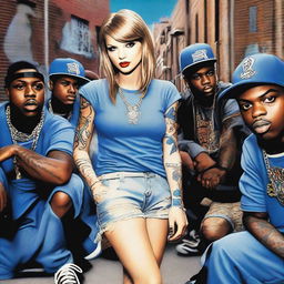 Taylor Swift depicted as the leader of a ghetto gang, wearing blue hip hop clothes and adorned with tattoos