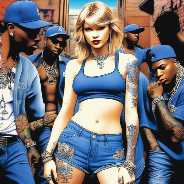 Taylor Swift depicted as the leader of a ghetto gang, wearing blue hip hop clothes and adorned with tattoos