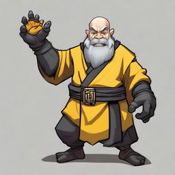 Create an image of a DnD dwarf with short black hair, a grey beard, dressed in yellow and black fur padding, monk wraps around their hands, and three onyx claws extending from each hand