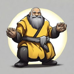 Create an image of a DnD dwarf with short black hair, a grey beard, dressed in yellow and black fur padding, monk wraps around their hands, and three onyx claws extending from each hand