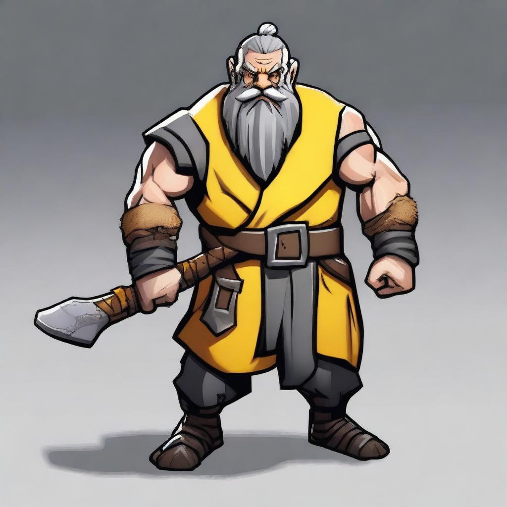 Create an image of a DnD barbarian dwarf with short black hair, a grey beard, dressed in yellow and black fur padding, with bandages around their hands and three onyx claws coming out of each hand