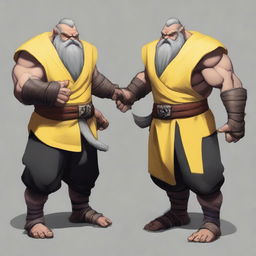 Create an image of a DnD barbarian dwarf with short black hair, a grey beard, dressed in yellow and black fur padding, with bandages around their hands and three onyx claws coming out of each hand