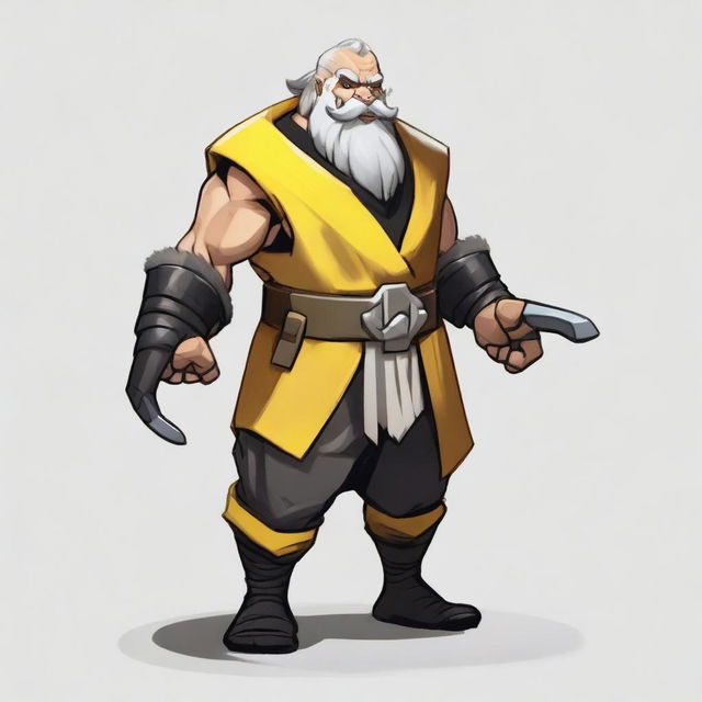 Create an image of a DnD barbarian dwarf with short black hair, a grey beard, dressed in yellow and black fur padding, with bandages around their hands and three onyx claws coming out of each hand