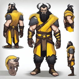 Create an image of a DnD barbarian dwarf with short black hair, dressed in yellow and black fur-studded leather armor, with bandages around their hands and three black claws coming out of each hand