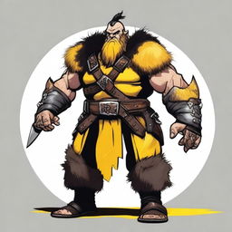 Create an image of a DnD barbarian dwarf with short black hair, dressed in yellow and black fur-studded leather armor, with bandages around their hands and three black claws coming out of each hand