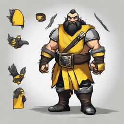 Create an image of a DnD barbarian dwarf with short black hair, dressed in yellow and black fur-studded leather armor, with bandages around their hands and three black claws coming out of each hand