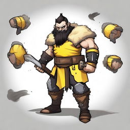 Create an image of a DnD barbarian dwarf with short black hair, dressed in yellow and black fur-studded leather armor, with bandages around their hands and three black claws coming out of each hand