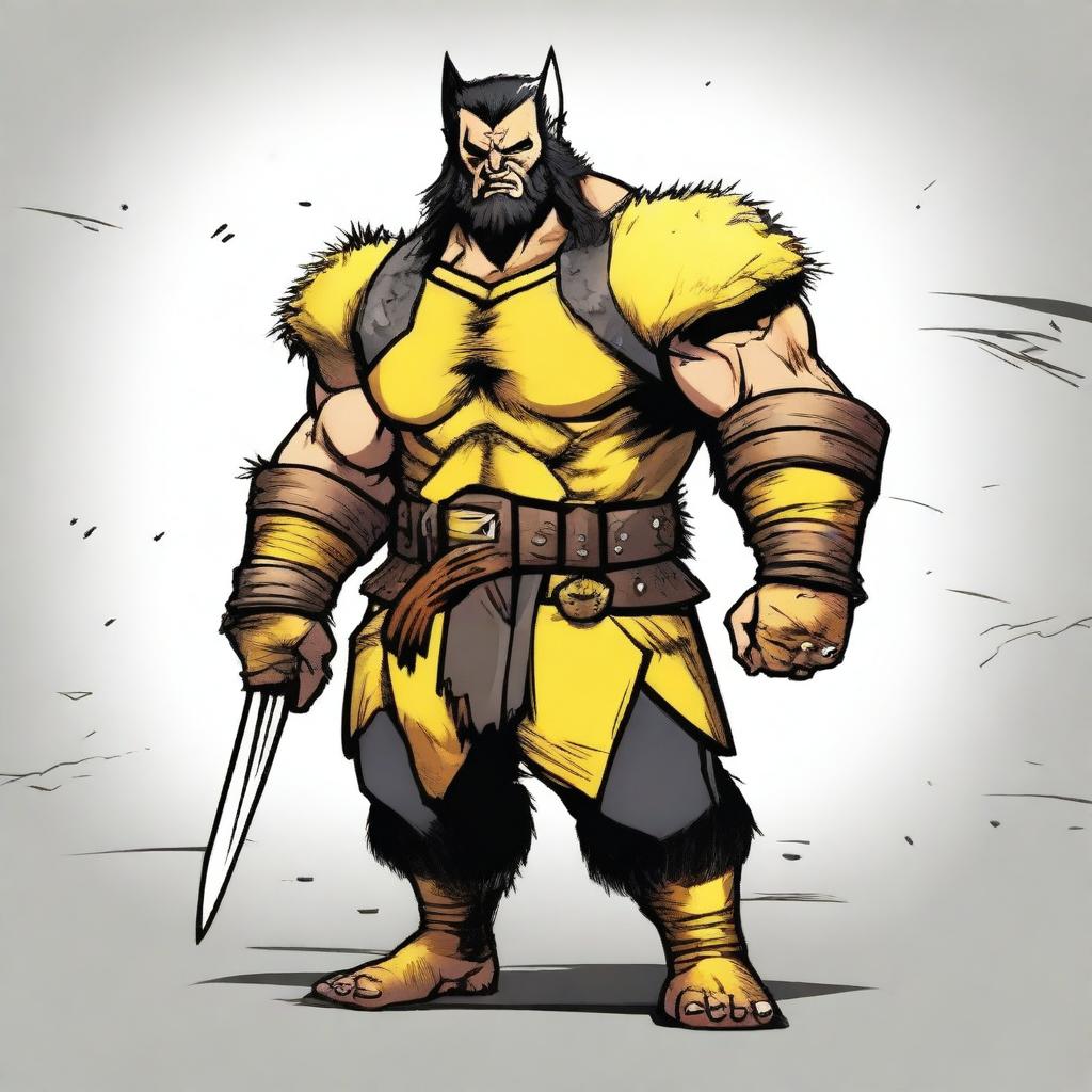 Create an image of a DnD barbarian dwarf with short black hair, dressed in yellow and black fur-studded leather armor, with bandages around their hands and three black claws coming out of each hand