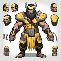 Create an image of a DnD barbarian dwarf with short black hair, dressed in yellow and black fur-studded leather armor, with bandages around their hands and three black claws coming out of each hand