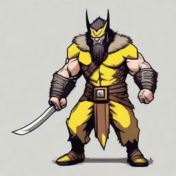 Create an image of a DnD barbarian dwarf with short black hair, dressed in yellow and black fur-studded leather armor, with bandages around their hands and three black claws coming out of each hand