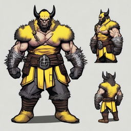 Create an image of a DnD barbarian dwarf with short black hair, dressed in yellow and black fur-studded leather armor, with bandages around their hands and three black claws coming out of each hand