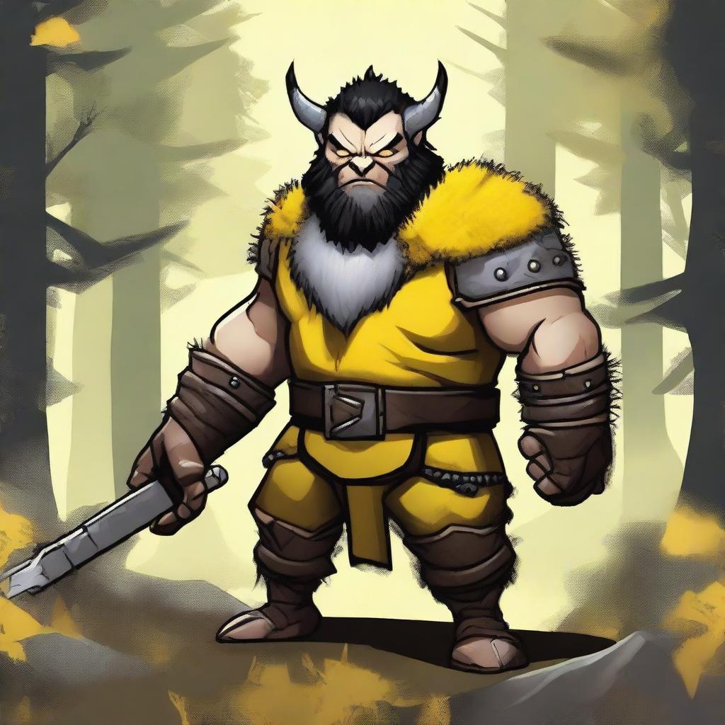 Create an image of a DnD barbarian dwarf with short black hair, dressed in yellow and black fur studded leather armor