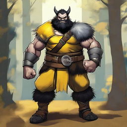 Create an image of a DnD barbarian dwarf with short black hair, dressed in yellow and black fur studded leather armor