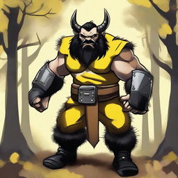 Create an image of a DnD barbarian dwarf with short black hair, dressed in yellow and black fur studded leather armor