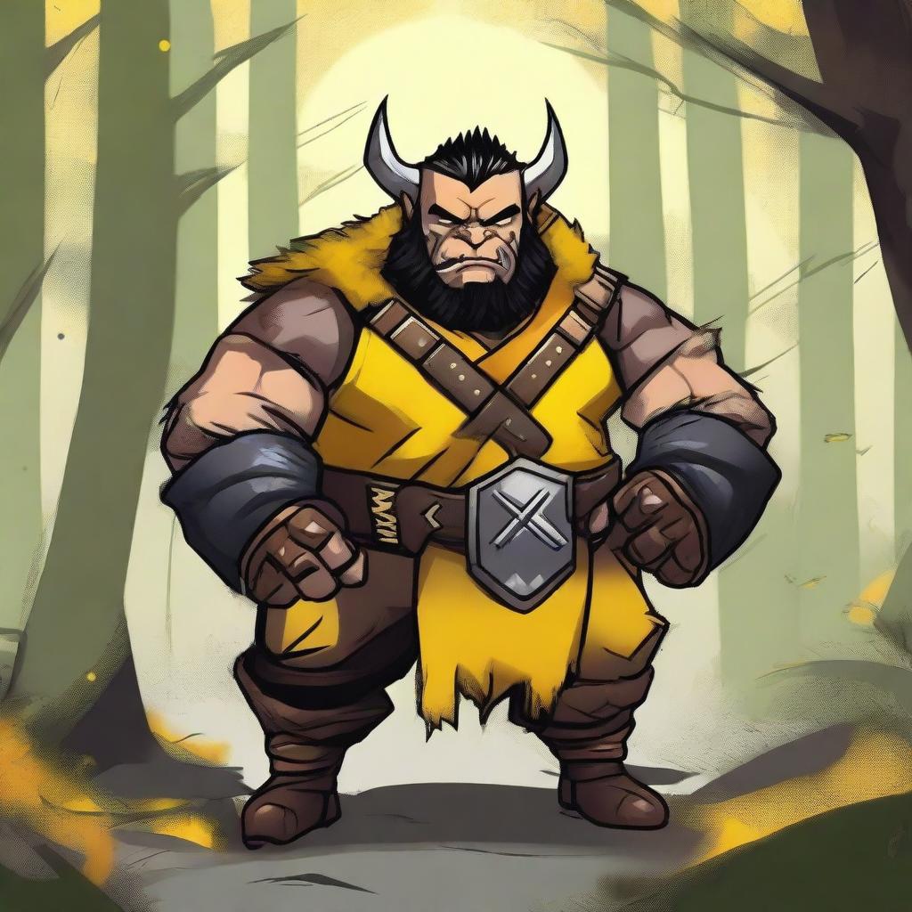 Create an image of a DnD barbarian dwarf with short black hair, dressed in yellow and black fur studded leather armor