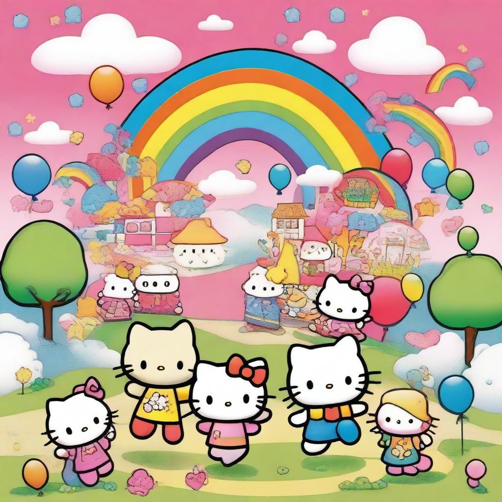 A vibrant and cheerful image featuring popular Sanrio characters such as Hello Kitty, My Melody, and Keroppi