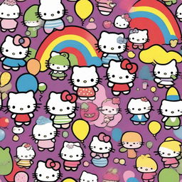 A vibrant and cheerful image featuring popular Sanrio characters such as Hello Kitty, My Melody, and Keroppi