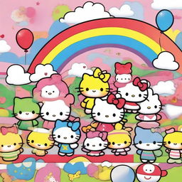 A vibrant and cheerful image featuring popular Sanrio characters such as Hello Kitty, My Melody, and Keroppi