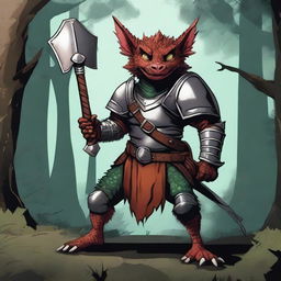 A fierce kobold warrior standing ready for battle, wielding a sword and shield