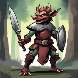 A fierce kobold warrior standing ready for battle, wielding a sword and shield