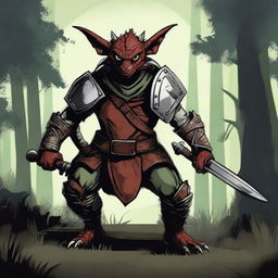 A fierce kobold warrior standing ready for battle, wielding a sword and shield