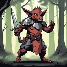 A fierce kobold warrior standing ready for battle, wielding a sword and shield