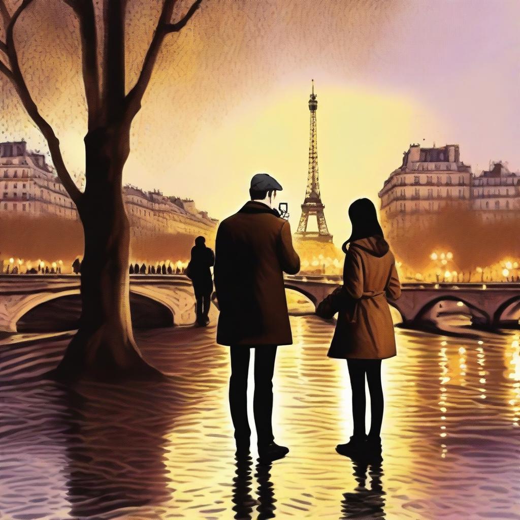 Generate an impressionist-style image of a young photographer and a girl artist in Paris