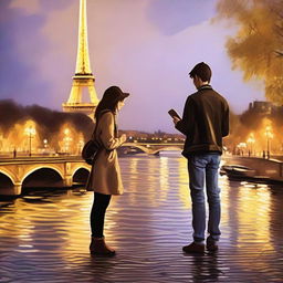 Generate an impressionist-style image of a young photographer and a girl artist in Paris