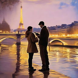 Generate an impressionist-style image of a young photographer and a girl artist in Paris