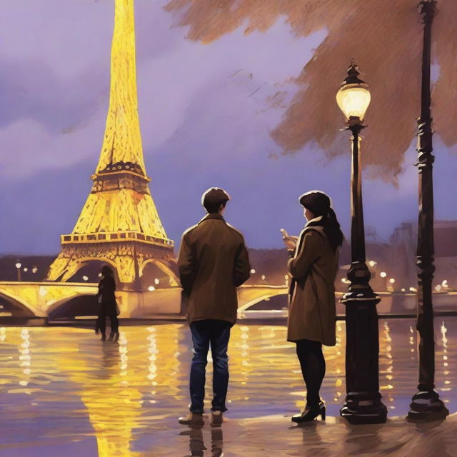 Generate an impressionist-style image of a young photographer and a girl artist in Paris