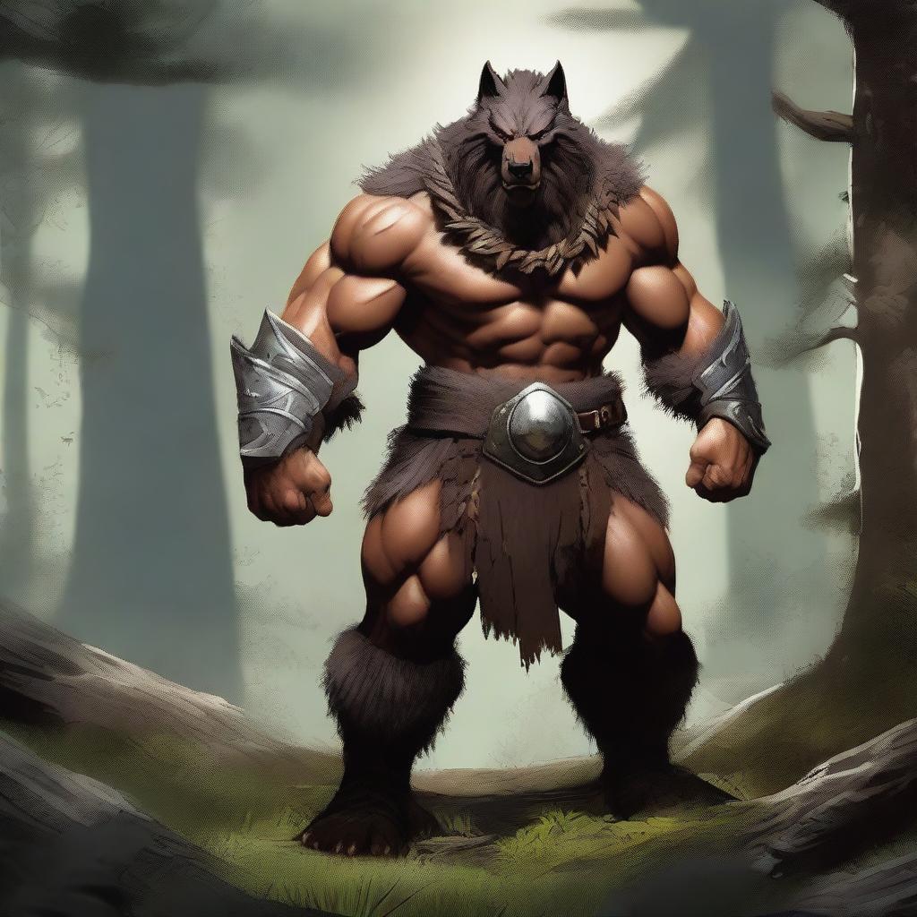 A fierce barbarian warrior with wolf-like features, including sharp claws, fangs, and a wild mane