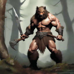 A fierce barbarian warrior with wolf-like features, including sharp claws, fangs, and a wild mane