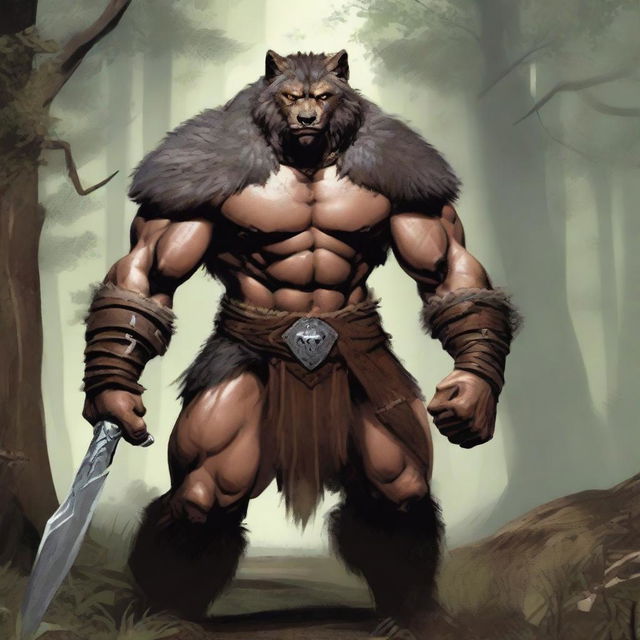 A fierce barbarian warrior with wolf-like features, including sharp claws, fangs, and a wild mane